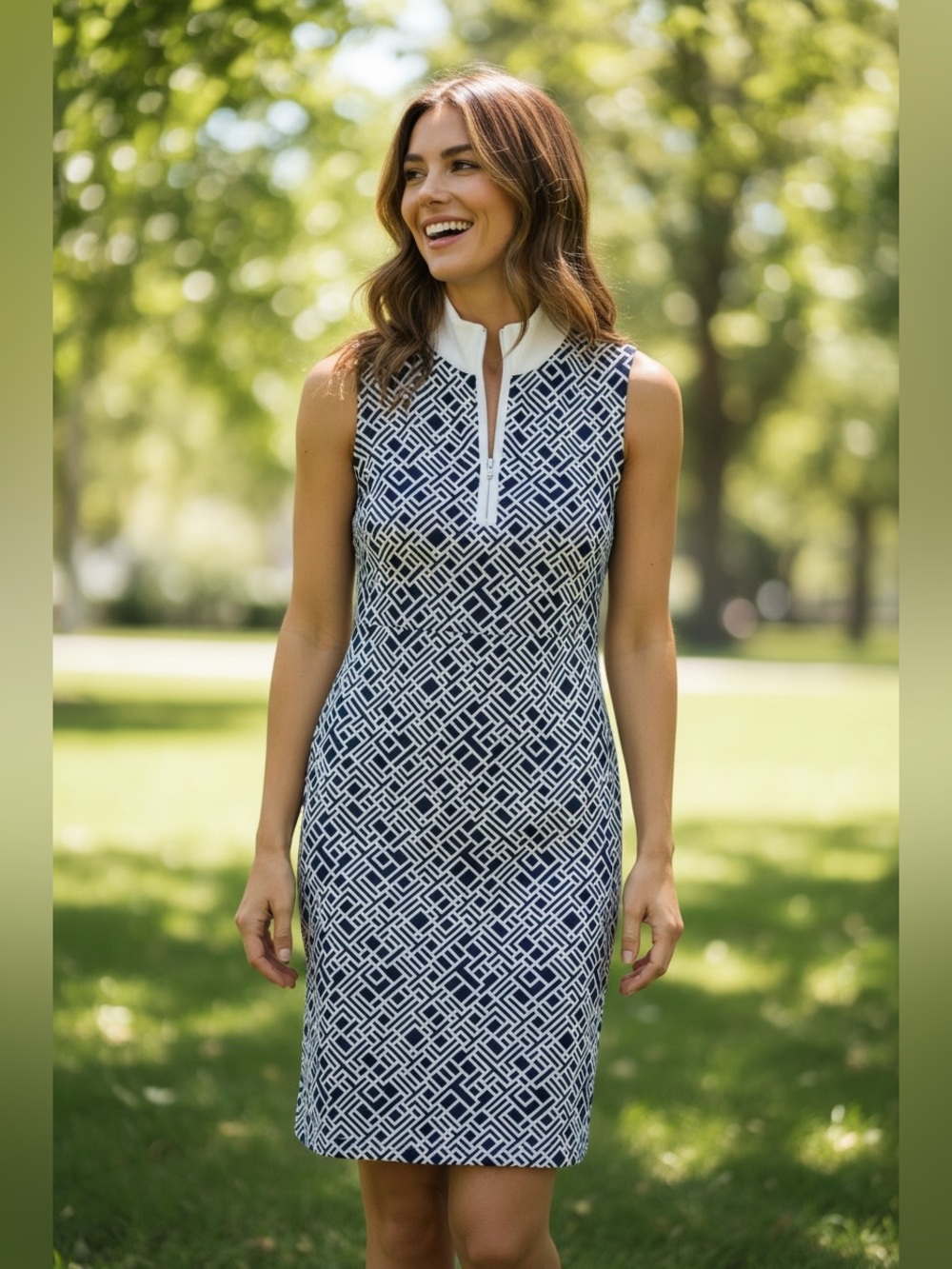 J. McLaughlin Sleeveless Quarter Zip XS Navy White Geometric Golf Tennis Resort